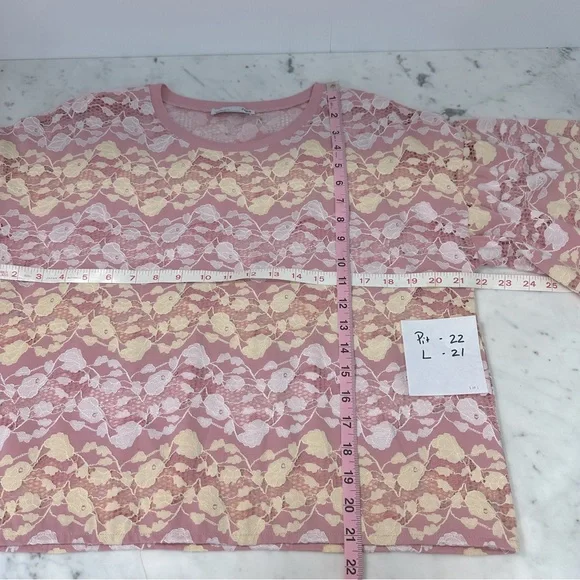 ZARA Blouse Pink Short Bell Sleeve Lace Crop Ribbed Round Neck Sheer Top… - Picture 9 of 15